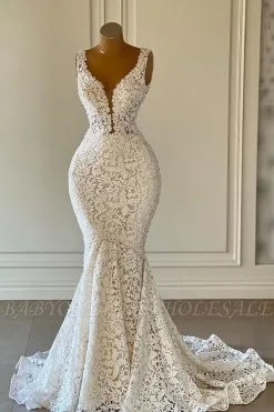 Deep V-Neck Sleeveless Floral Lace Mermaid Bridal Dress