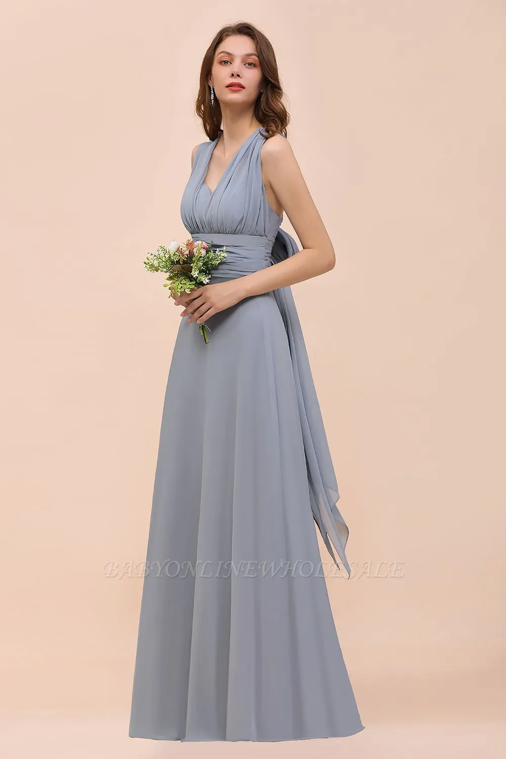 Grey Ruffle Chiffon Aline Infinity Bridesmaid Dress - Image 3