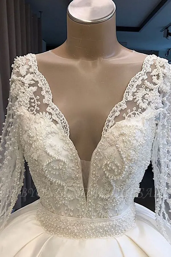 Long Sleeve Plunging V-neck Ball Gown Satin Wedding Dress With Pearl | Luxury Bridal Gowns For Sale - Image 3