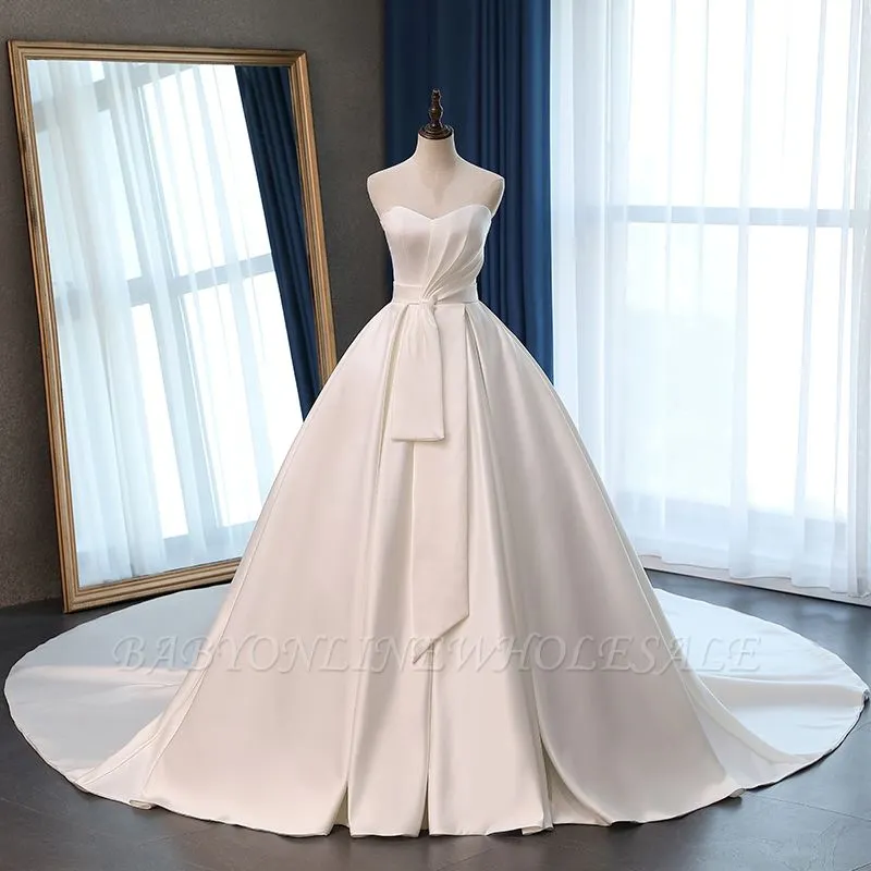 Elegant Strapless Floor Length A-Line Satin Ball Gown Wedding Dress - Image 6