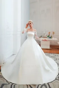 Romantic Lace Long Sleeves Princess Satin Wedding Dress | Princess Bridal Gowns With Cathedral Train