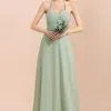Chic Halter Sage Color Aline Bridesmaid Dress Sweetheart Chiffon Long Wedding Guest Dress
