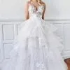 Spaghetti Straps Simple Wedding Dress With Layers Tulle Lace Appliques