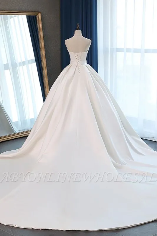 Elegant Strapless Floor Length A-Line Satin Ball Gown Wedding Dress - Image 2