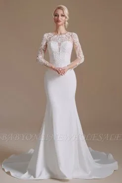 Long Sleeves Wedding Dress Mermaid White Crew Neck Floral Lace Long Bridal Dress