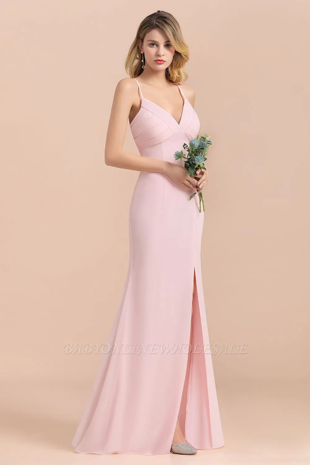 Pink V-Neck Sleeveless Mermaid Bridesmaid Dress Wedding Wear Dress With Side Slit - Image 4
