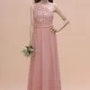 One Shoulder Dusty Pink Floral Pattern Aline Bridesmaid Dress