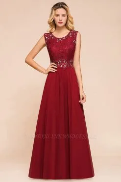 Arla | Trendy Round Neck Beaded Burgundy Lace Bridesmaid Dress With Belt