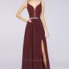 Chiffon A-Line Appliques Spaghetti-Straps Deep-V-Neck Sleeveless Long Bridesmaid Dress With Ruffles