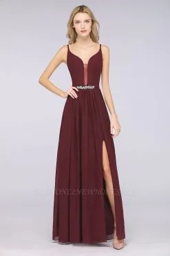 Chiffon A-Line Appliques Spaghetti-Straps Deep-V-Neck Sleeveless Long Bridesmaid Dress With Ruffles