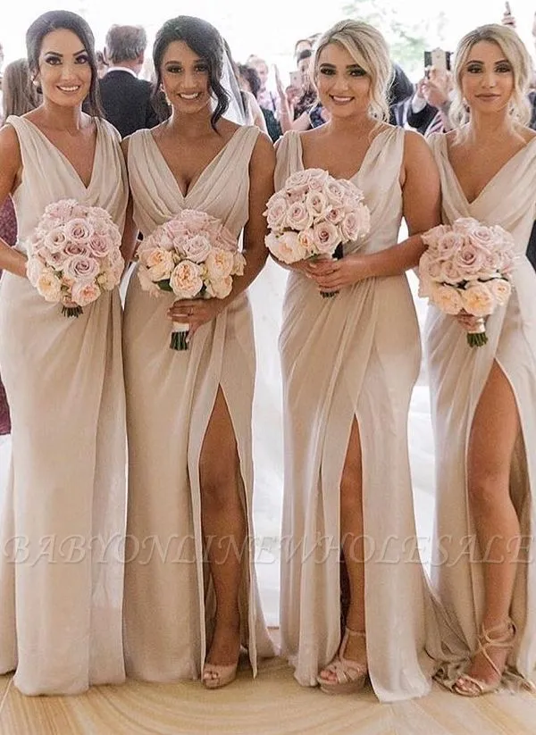 Simple Chiffon Long Bridesmaid Dresses | V-Neck Sleeveless Side-Slit Prom Dresses - Image 3