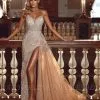 Luxury Sweetheart Shinny Crystals Mermaid Wedding Gowns Sleeveless Side Slit Bridal Dress With Detachable Train