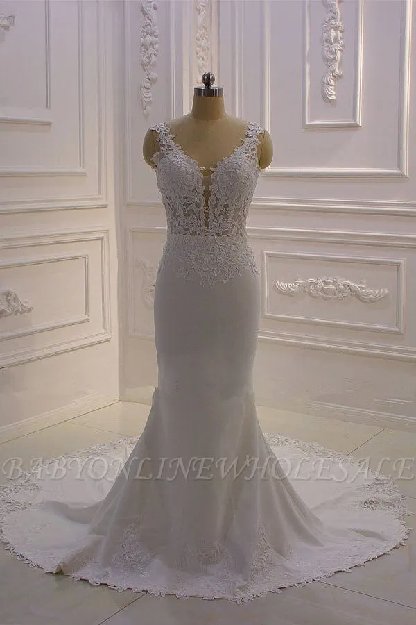 Elegant Sleeveless Lace V-neck Column White Court Train Wedding Dress