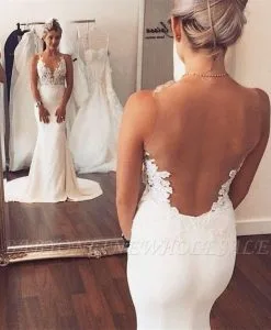 Sheer Back Mermaid Wedding Dress Sleeveless Lace Summer Beach Wedding Gowns BA3612