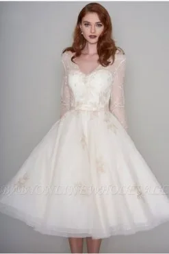 Long Sleeves V-neck Ivory Short Lace Summer Wedding Dress