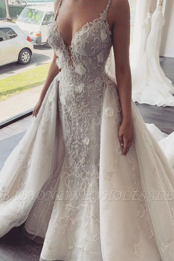 Sexy V-neck Sleeveless Lace Overskirt Bridal Gowns For Wedding 2021