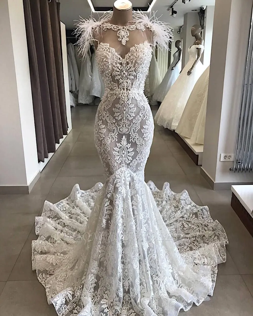 Luxury White Hollow Sweetheart Open Back Lace Long Wedding Dress With Fur Neckline