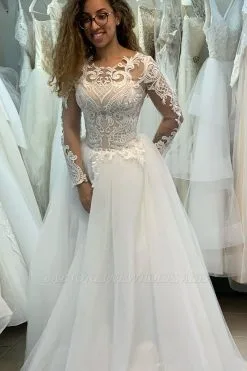 Long Sleeves Illusion Neck A-line Long Sleeves Lace Princess Wedding Dress
