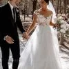 Elegant Cap Sleeve Tulle Lace Simple Wedding Dress White Floor Length Garden Bridal Gown