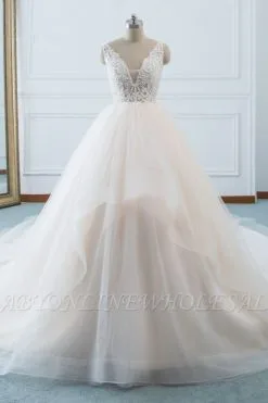 Elegant A-Line V-neck Floor Length Tiered Tulle Wedding Dress With Ruffles
