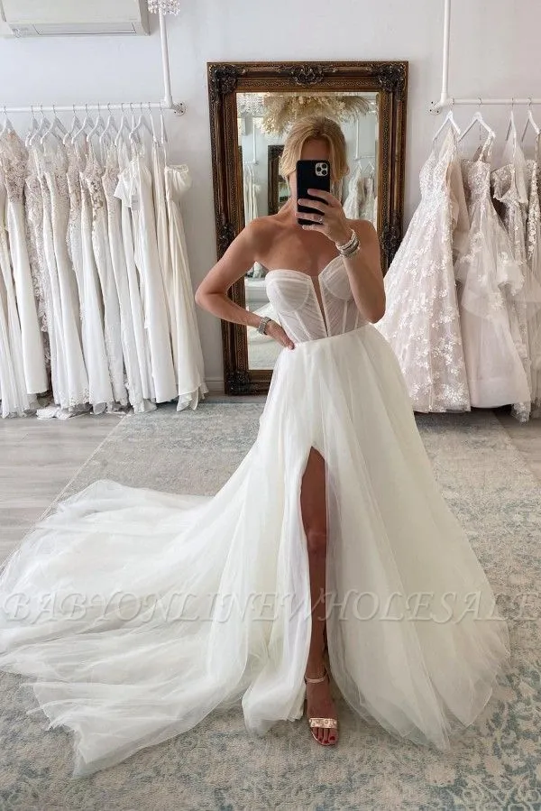 Chic Floor Length Sweetheart Long Sleeves A Line Split Front Tulle Wedding Dress With Chapel Train - Image 2