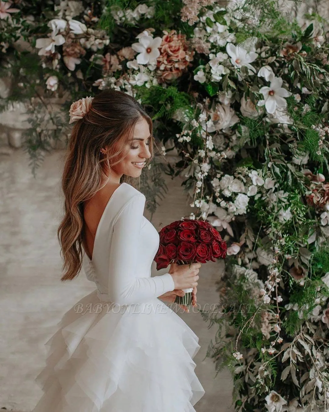 Long Sleeves Low Back White Ruffles Wedding Dress With Court Train - Image 6