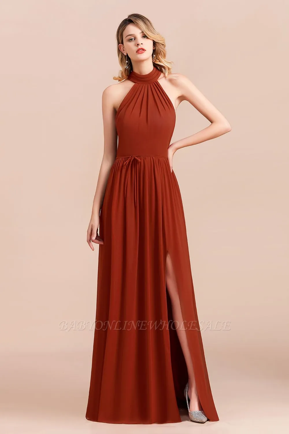 Halter Chiffon Bridesmaid Dress Sleeveless Formal Dress With Side Slit
