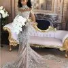 Elegant High Neck Long Sleeves Mermaid Wedding Dress | Silver Tulle Bridal Gowns With Lace Appliques