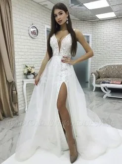 Glamorous White V-Neck Front Split Tulle Wedding Dress|2021 Floor -Length Lace Applique Beach Bridal Dress