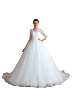 Canace | Romantic Long Sleeves Lace Ball Gown Wedding Dress, Fully Covered Buttons Bridal Gowns With Court Train