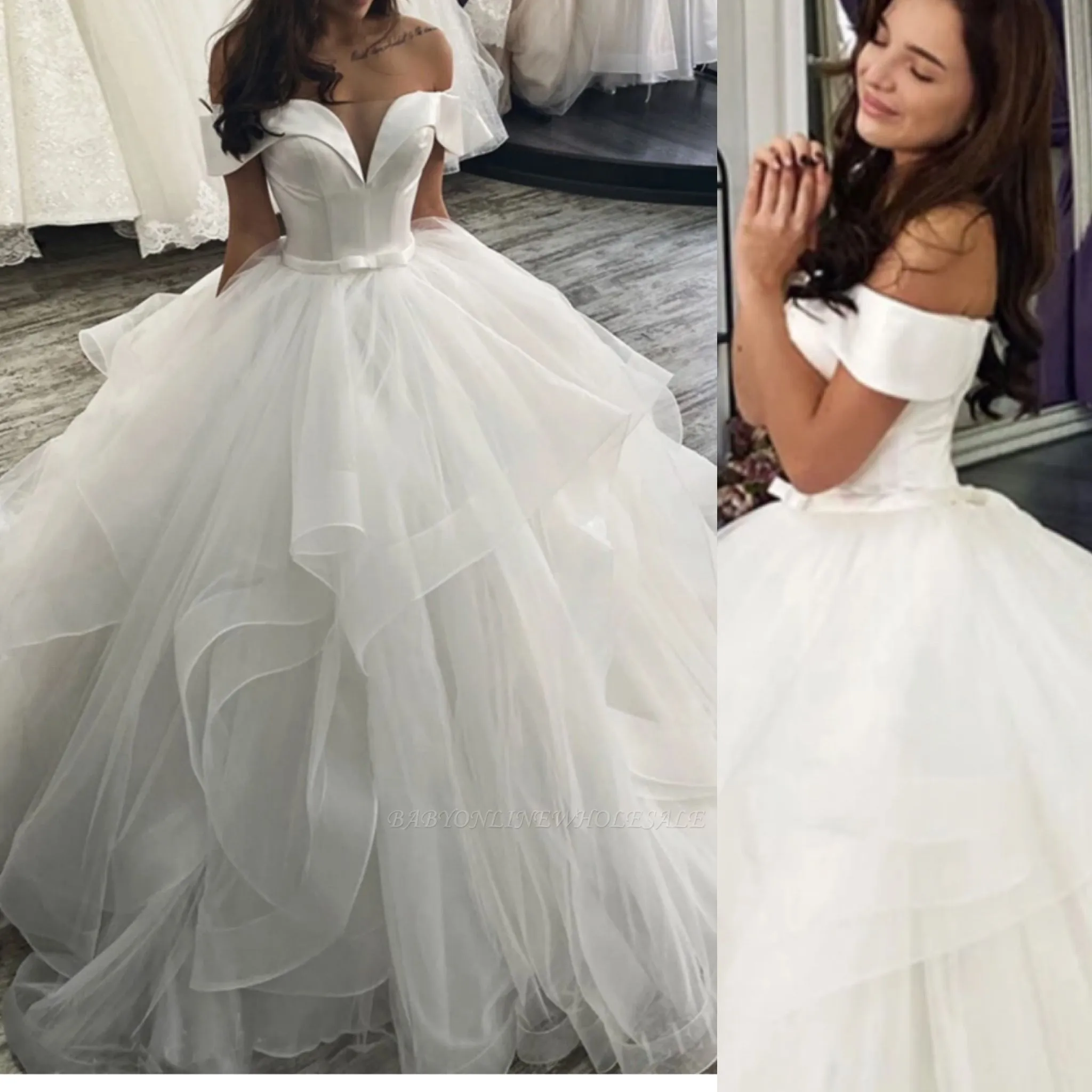 Elegant Off Shoulder Ball Gown Puffy Layers Wedding Dress - Image 4