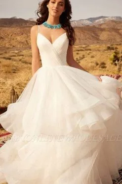 Stylish Spaghetti Straps V-Neck Wedding Dress Ruffle Chiffon Tulle Simple Bridal Dress