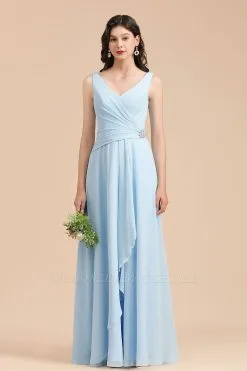 Sky Blue V-Neck Sleevels Ruffle Chiffon Aline Bridesmaid Dress