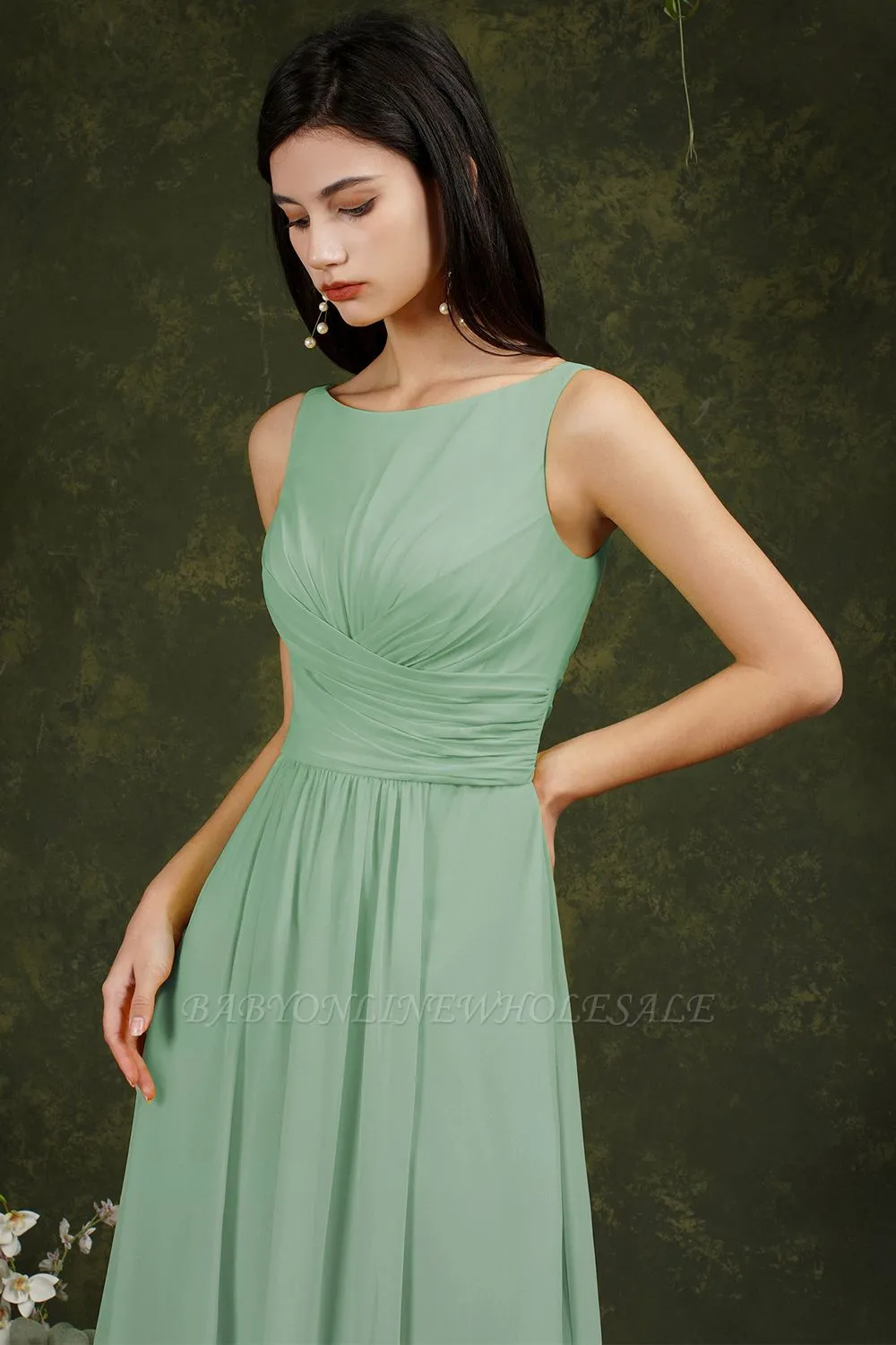 Bateau Ruffles Chiffon Floor-length A-Line Split Bridesmaid Dress With Pockets - Image 6