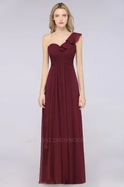 Chiffon A-Line One-Shoulder Sweetheart Sleeveless Long Bridesmaid Dress With Ruffles