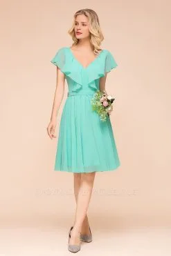 Ruffle Sleeves Short Party Dress Mint Green Chiffon Knee Length Dress