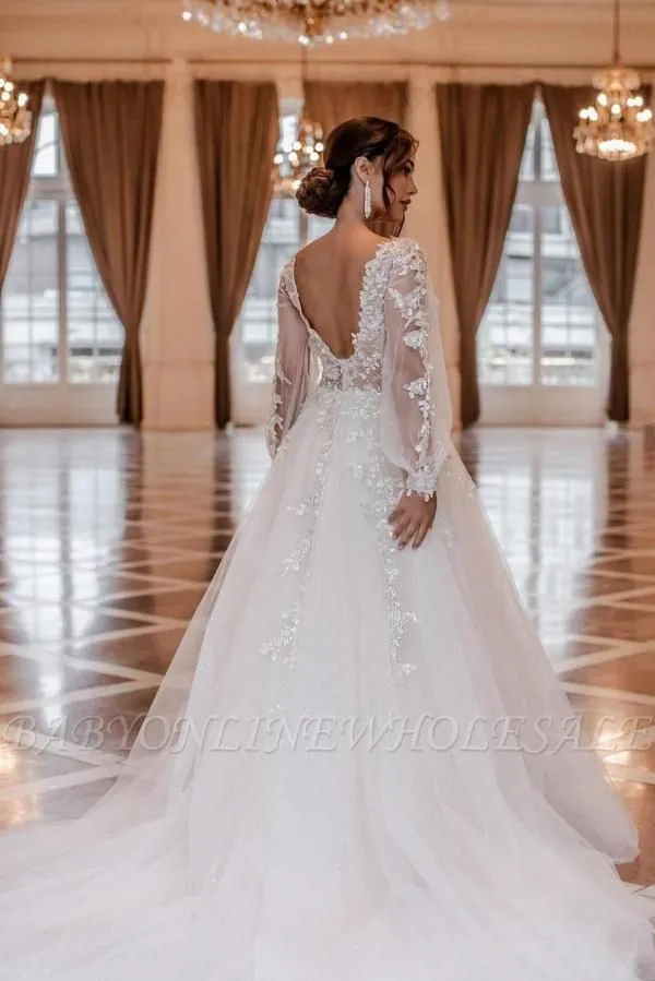 Charming V-neck Long Sleeves A-Line Chapel Train Wedding Dress With Appliques - Image 3