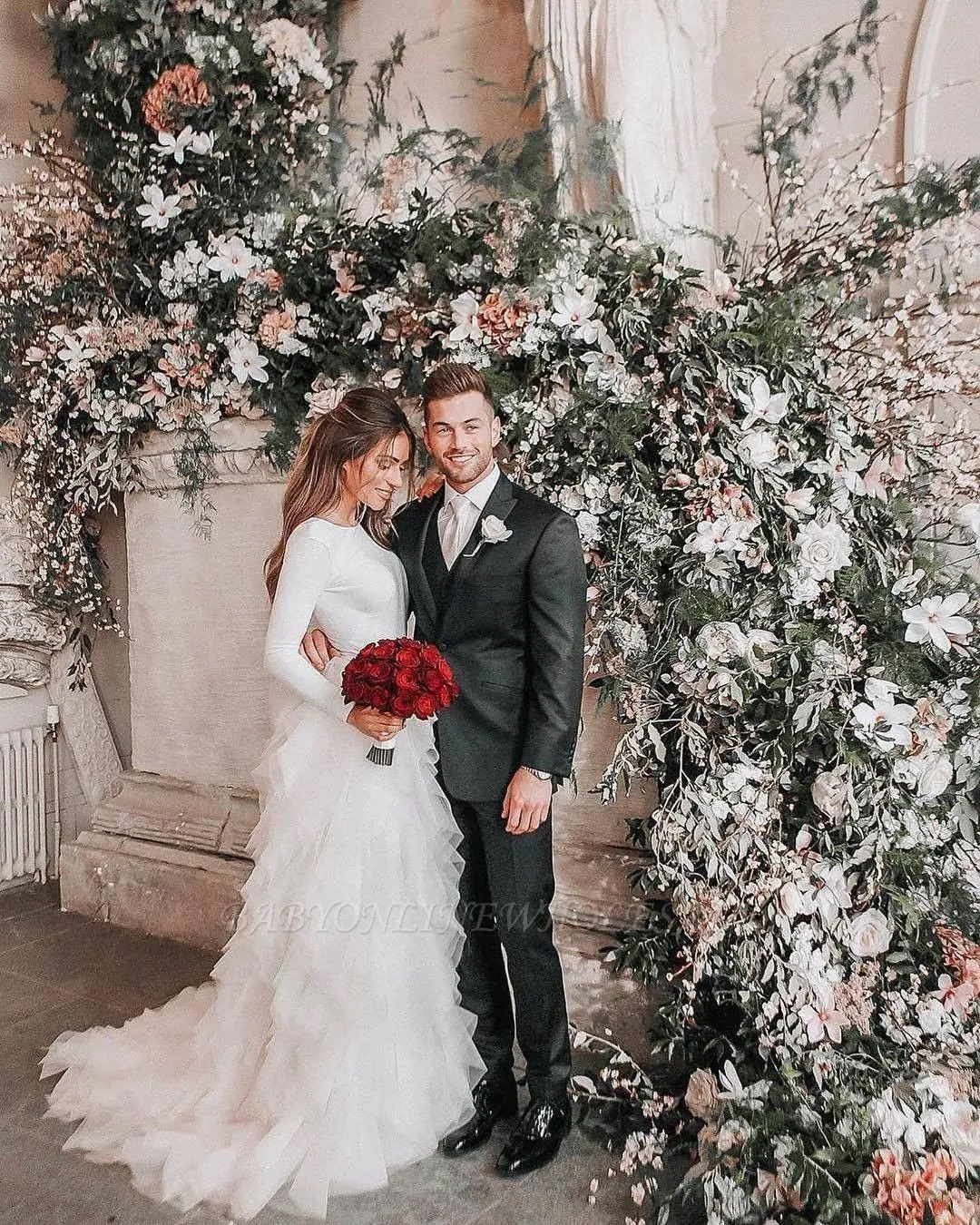 Long Sleeves Low Back White Ruffles Wedding Dress With Court Train - Image 2