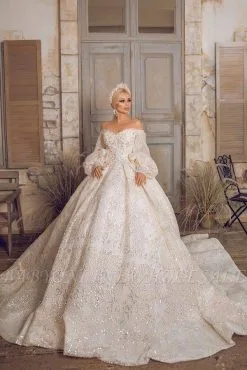 Romantic Off Shoulder Puffy Sleeve Beadings Princess Ball Gown With Cathedral Train