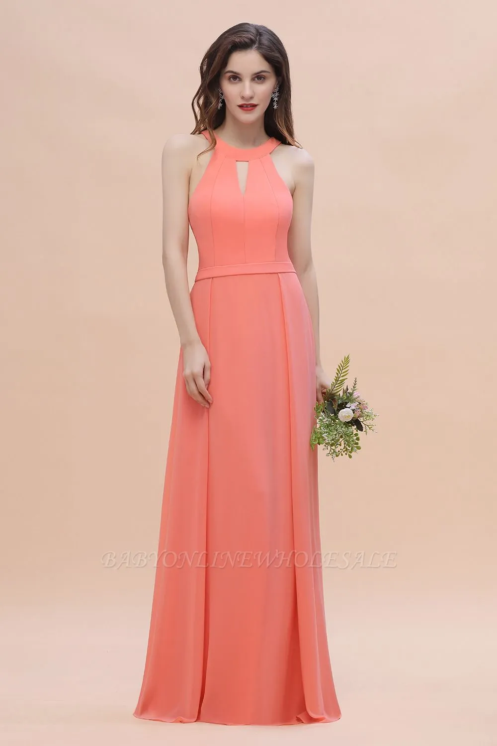 Halter Chiffon Floor Length Wedding Guest Dress Aline Bridesmaid Dress - Image 3