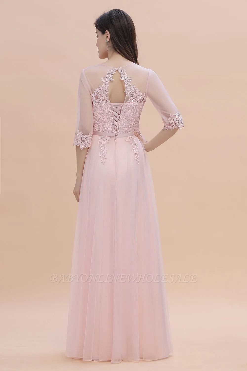Romantic 3/4 Sleeves Pink Wedding Guest Dress Lace Appliques - Image 2