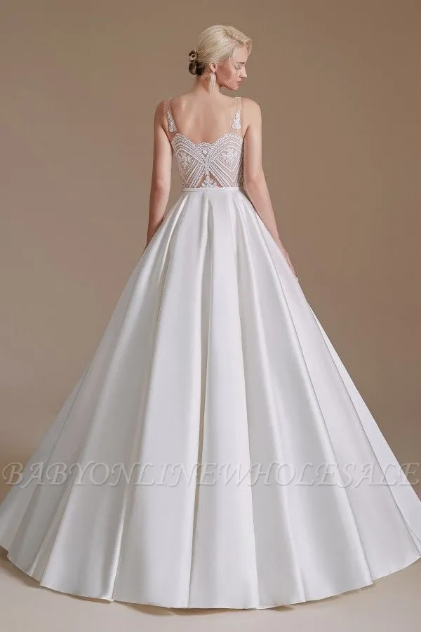 Aline Wedding Dress Sleeveless V-Neck Satin Bridal Dress With Floral Lace Pattern - Image 5