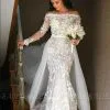 Charming Off Shoulder Long Sleeves Floral Lace Mermaid Bridal Gown With Detahable Tulle Train