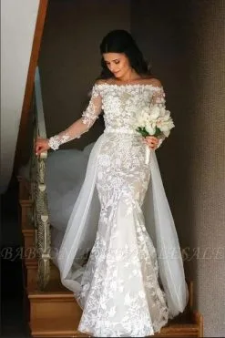 Charming Off Shoulder Long Sleeves Floral Lace Mermaid Bridal Gown With Detahable Tulle Train