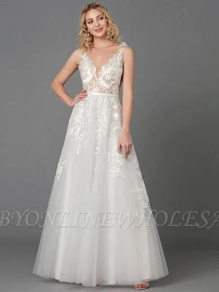 A-Line Wedding Dresses Plunging Neck Floor Length Lace Tulle Sleeveless See-Through - Image 2