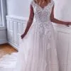 V-neck Sleeveless White Wedding Dress With Court Train