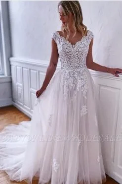 V-neck Sleeveless White Wedding Dress With Court Train