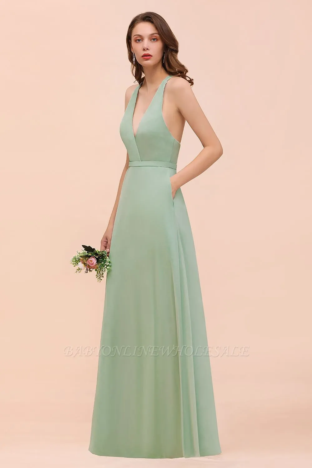 Mint Green V-Neck Sleeveless Bridesmaid Dress Aline Formal Dress - Image 3