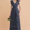 Ruffles Sleeves Chiffon Aline Wedding Party Dress Floor Length Evening Dress