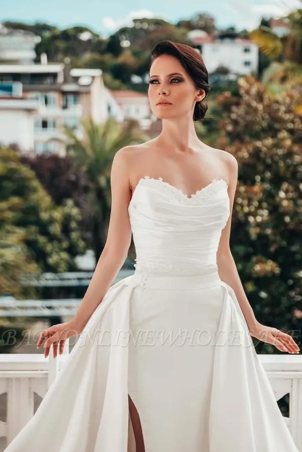 Sweetheart Strapless Ruched Satin Long Mermaid Bridal Gown Side Split With Sweep Train - Image 2